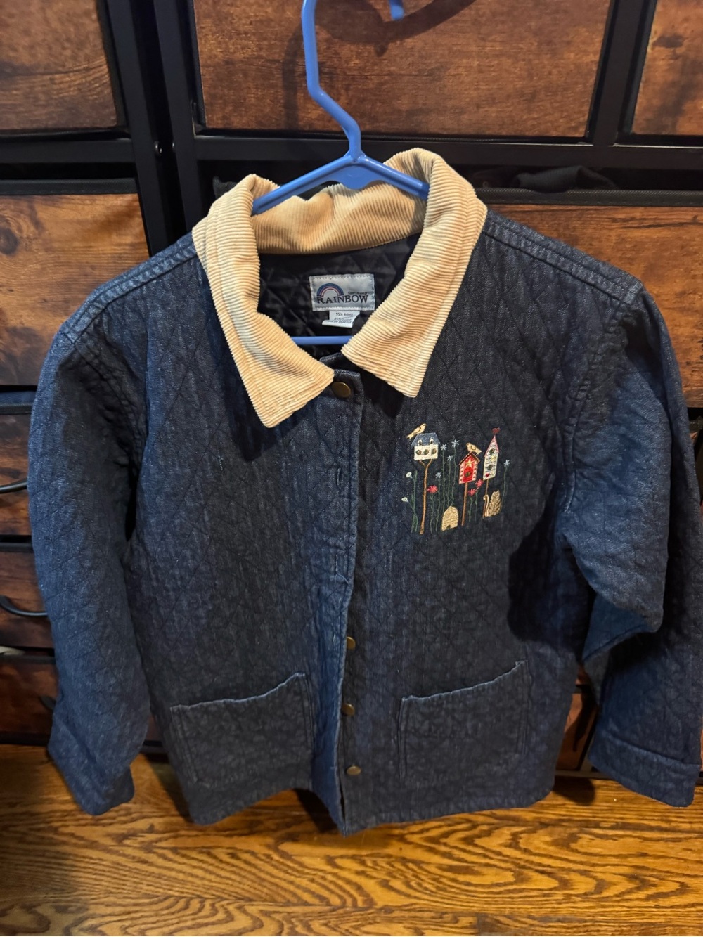 Rainbow Navy Quilted womens Coat with Tan Corduroy Collar